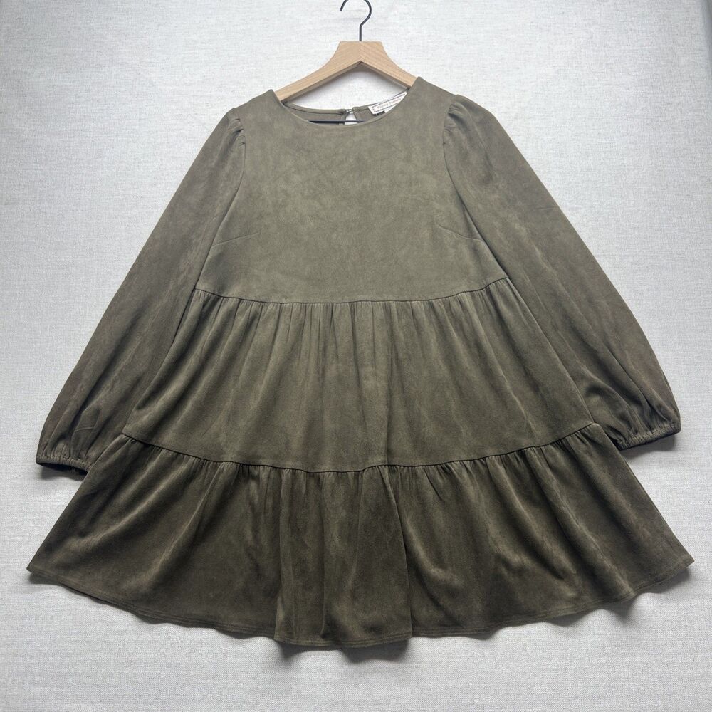 Flying Tomato Green Tiered Faux Suede Texture Boho Peasant Mini Dress Size S